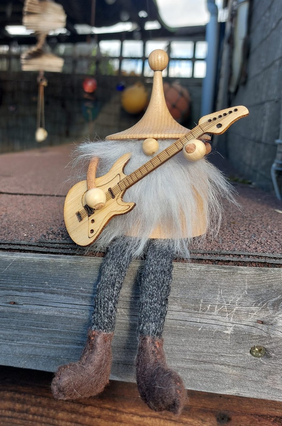 Artisan Handcrafted Wood turned 'Shelf Sitter' Rock Guitarist Gonk with legs