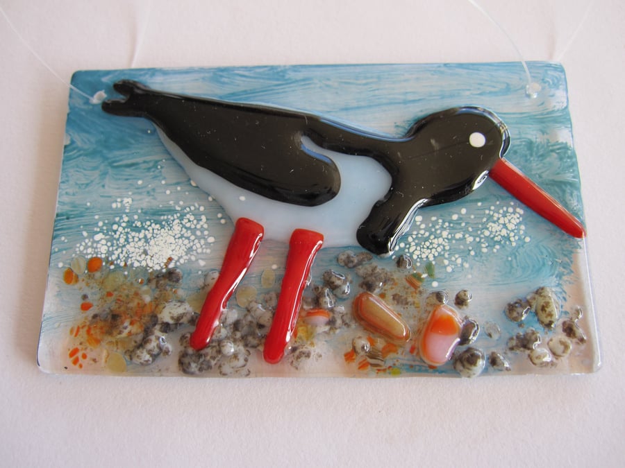 Sun catcher, fused glass hanging, coastal scene with oystercatcher
