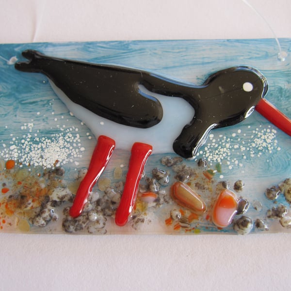 Sun catcher, fused glass hanging, coastal scene with oystercatcher