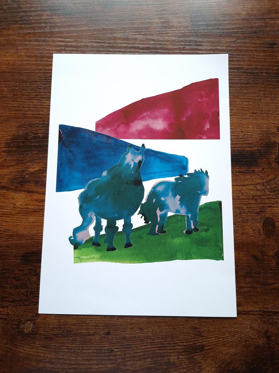 A4 Art Print Shetland Ponies Made Using Teal, Grass Green and Red India Ink