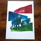 A4 Art Print Shetland Ponies Made Using Teal, Grass Green and Red India Ink