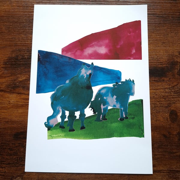 A4 Art Print Shetland Ponies Made Using Teal, Grass Green and Red India Ink