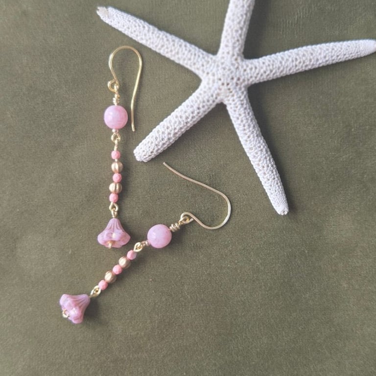  Pastel Pink Bell Flower Earrings, Gold Tone Beaded Drops, Gift for Her
