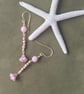  Pastel Pink Bell Flower Earrings, Gold Tone Beaded Drops, Gift for Her