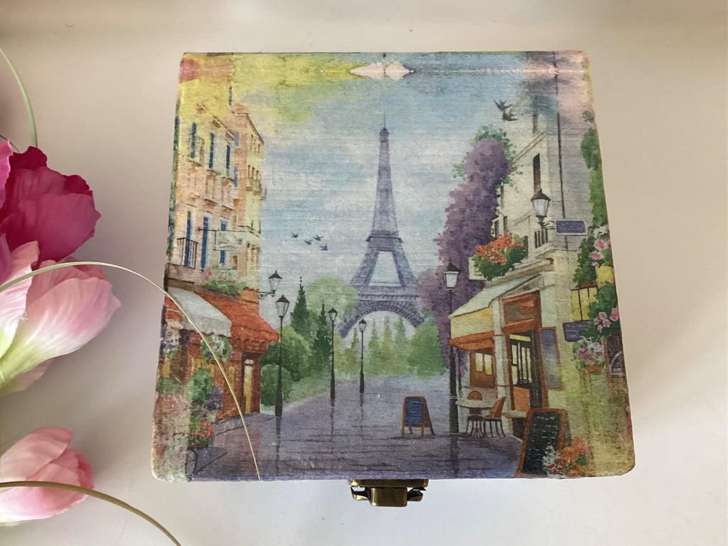 Romantic Paris scene decoupaged box with cafes and Eiffel Tower in the distance