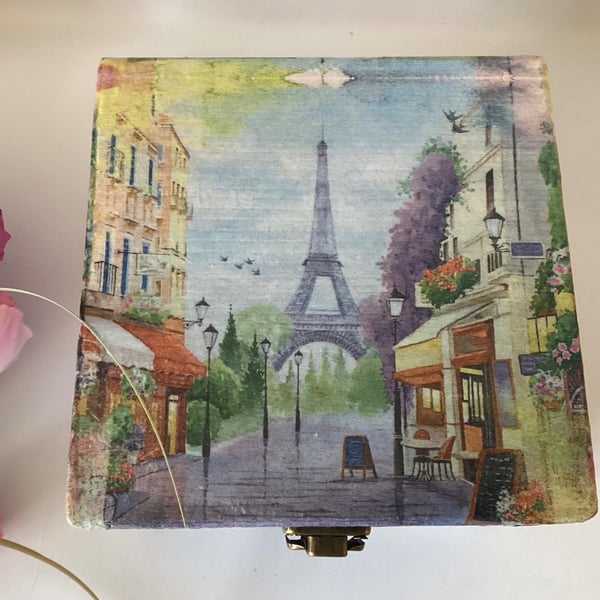Romantic Paris scene decoupaged box with cafes and Eiffel Tower in the distance