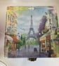 Romantic Paris scene decoupaged box with cafes and Eiffel Tower in the distance