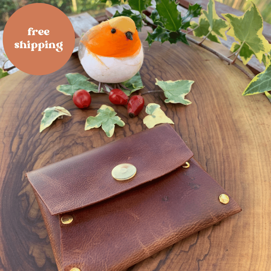 Brown leather handmade purse with gold studs free gift wrap