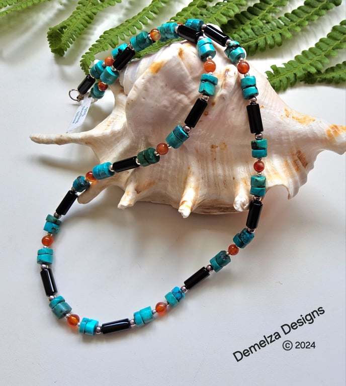 Striking Black Onyx, Turquoise & Carnelian Sterling Silver Necklace 