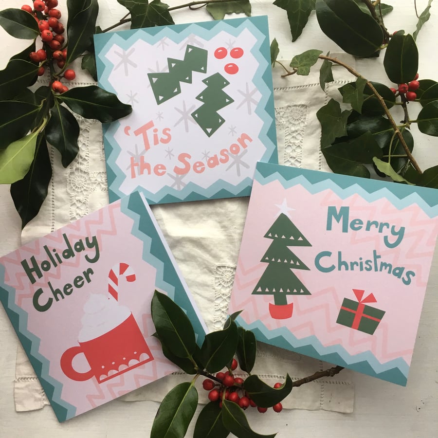 Contemporary Christmas Cards. Teal border - set of 3