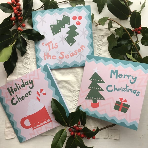 Contemporary Christmas Cards. Teal border - set of 3