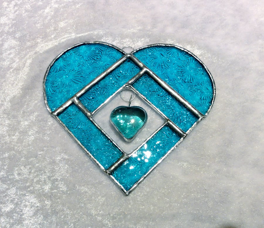 Stained Glass Heart Heart Suncatcher - Turquoise