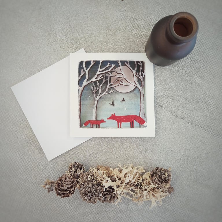 'Fox & Cub' - single greetings card, blank inside