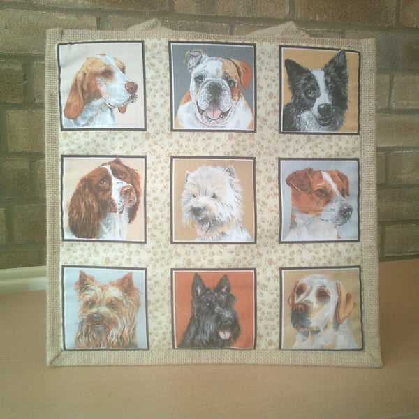 Natural Jute Bag with Dogs Fabric Panel Pocket