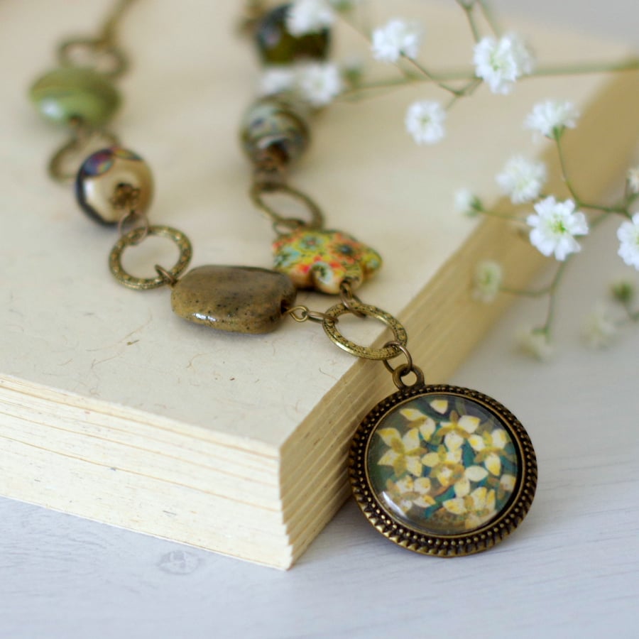 Green and Bronze Flower Pendant Necklace, Floral Art Pendant, Beaded Necklace