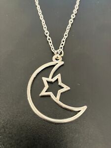 large moon with star pendant necklace silver plated 18" curb chain