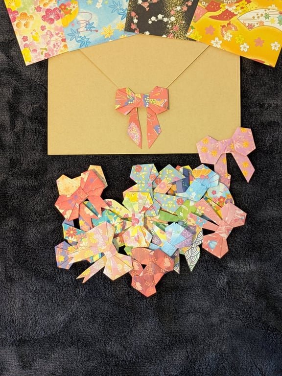 Origami Sticker Pack- Handmade Washi Paper Bows, Heart Shape, Gift Box Pattern