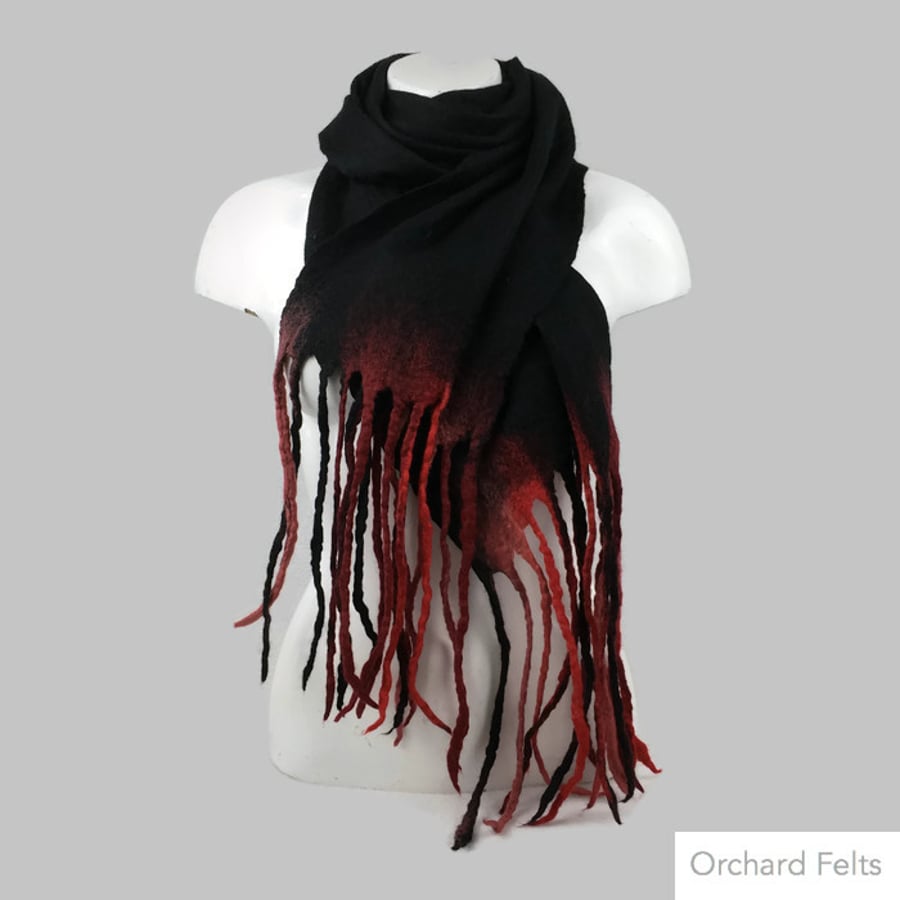 Wet felted merino wool scarf, lightweight, long scarf in black with red tassels 
