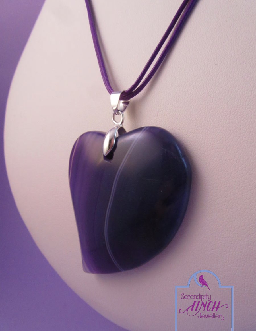 Purple Heart Agate Pendant Necklace, Purple Necklace, Heart Necklace