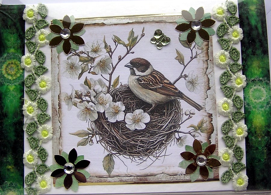 Sparrow Garden Bird - Hand Crafted Decoupage Card - Blank - 3034