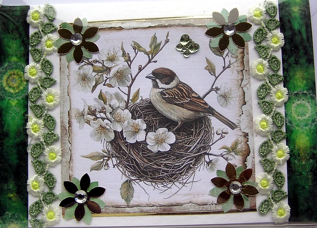 Sparrow Garden Bird - Hand Crafted Decoupage Card - Blank - 3034