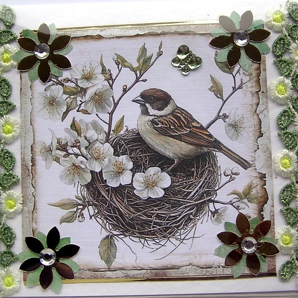 Sparrow Garden Bird - Hand Crafted Decoupage Card - Blank - 3034
