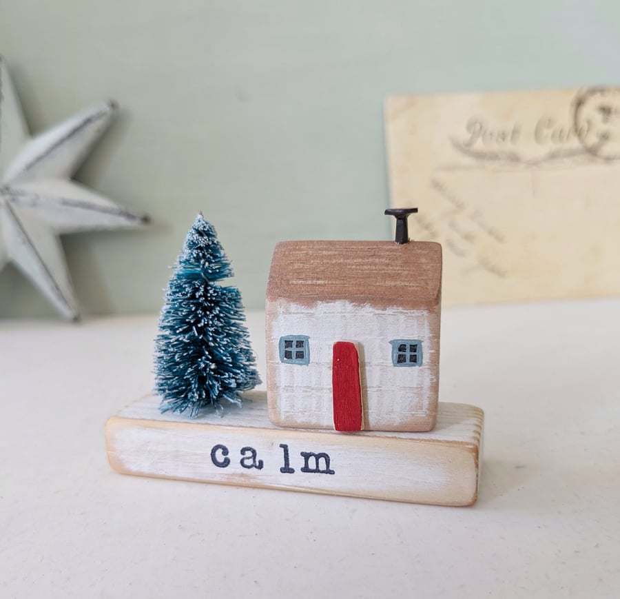 Little Wooden Handmade House in a Bag with Christmas Tree Calm