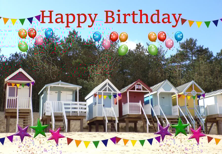 A5 Beach Huts Birthday Card 
