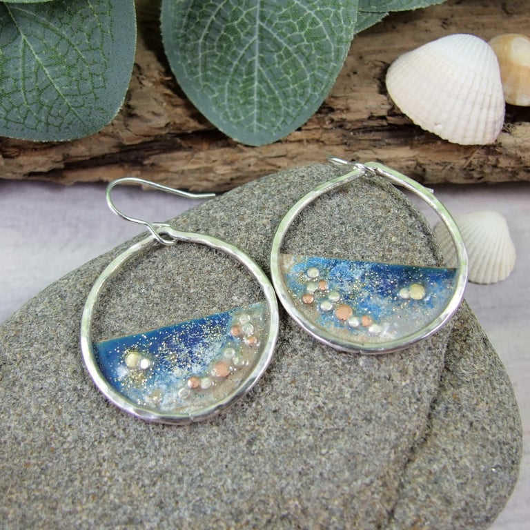 Earrings, Pebble Beach Sterling Silver & Copper with Blue & White Enamel