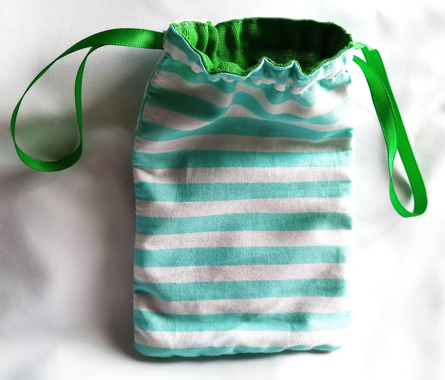 Striped Stripey nautical themed blue and white drawstring phone gift bag pouch