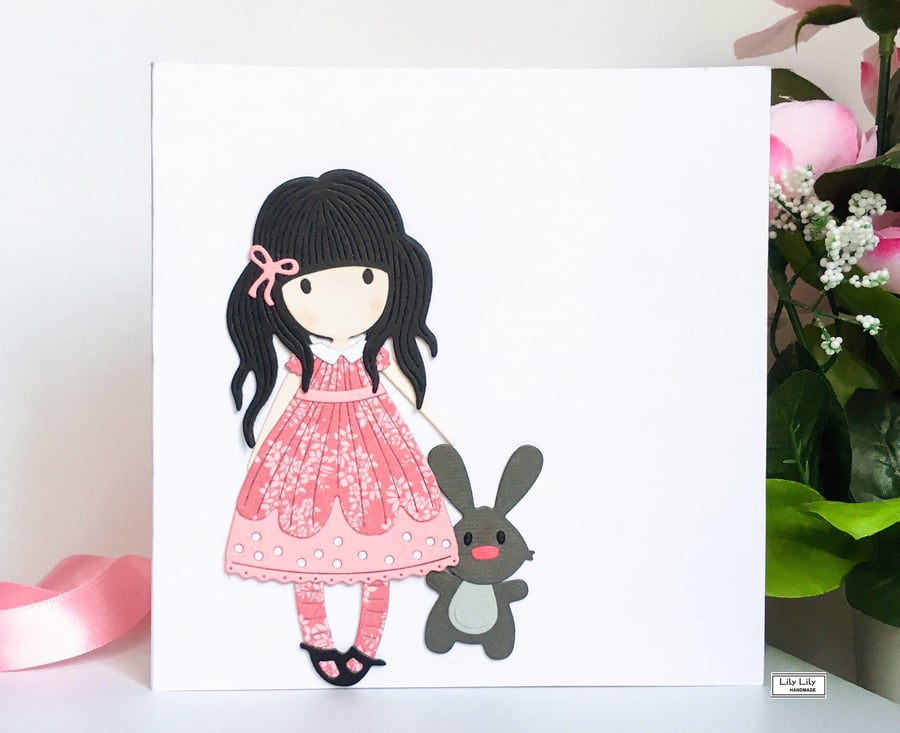 Blank card for all occasions, cute, girl with rabbit