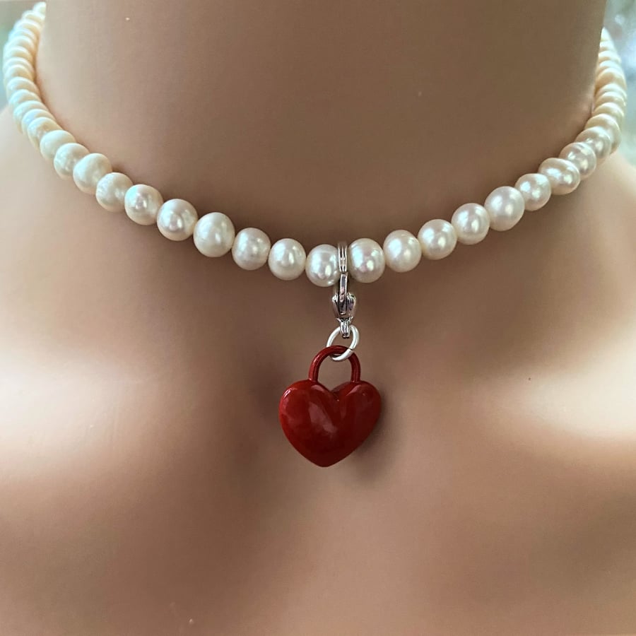  Red Heart Pearl Choker Pearl short necklace Heart Padlock Necklace  