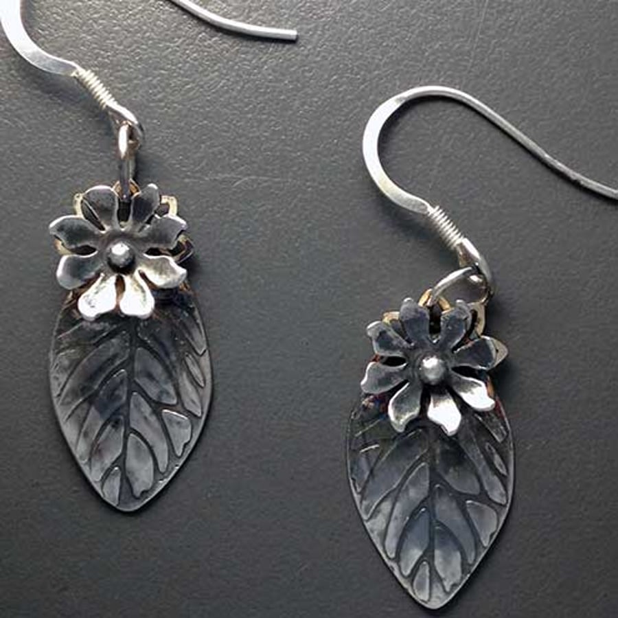 Silver leaf and flower earrings