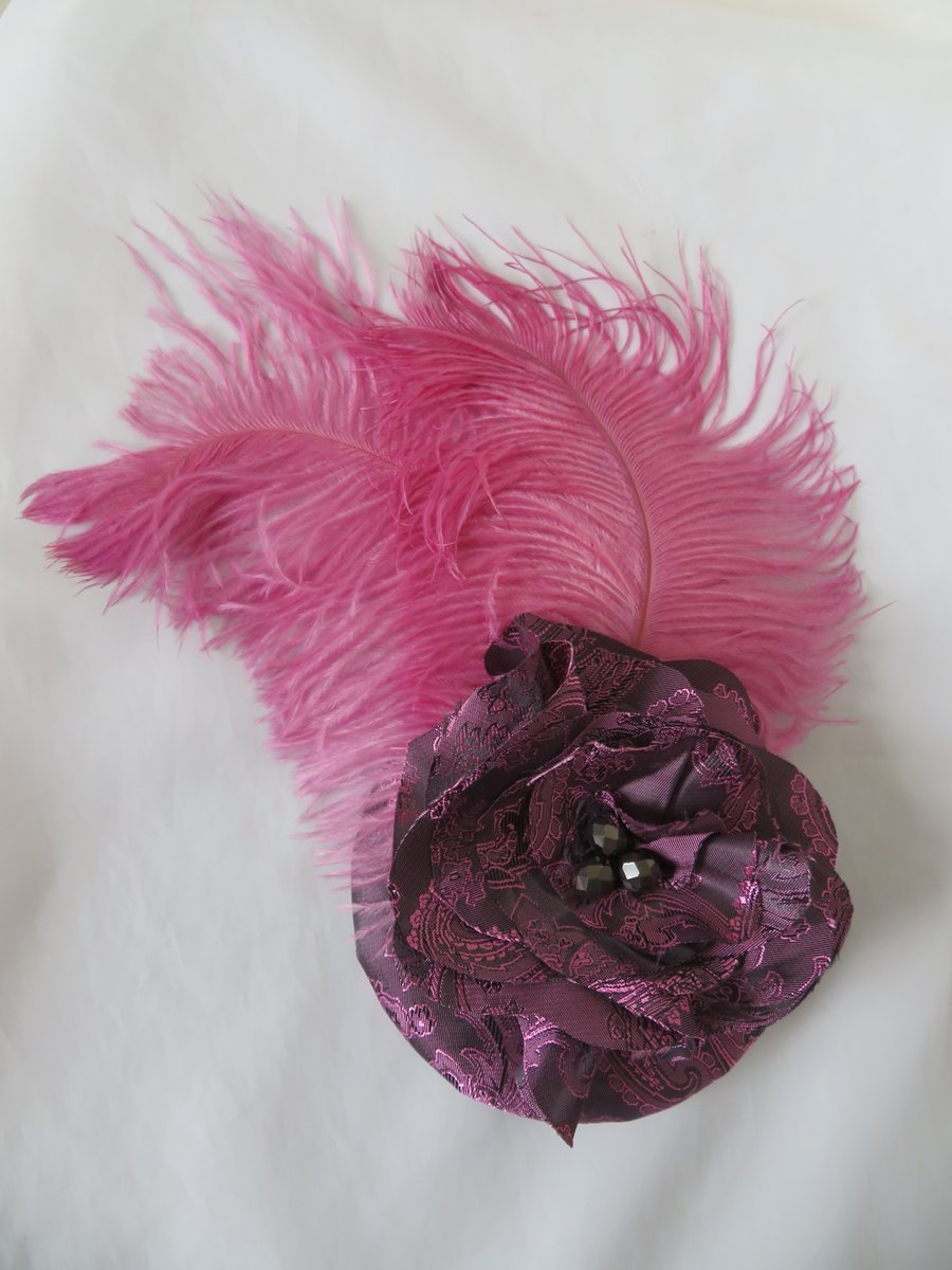 Lavender Pink & Dark Grey Paisley Satin Feather Regency Fascinator Hat