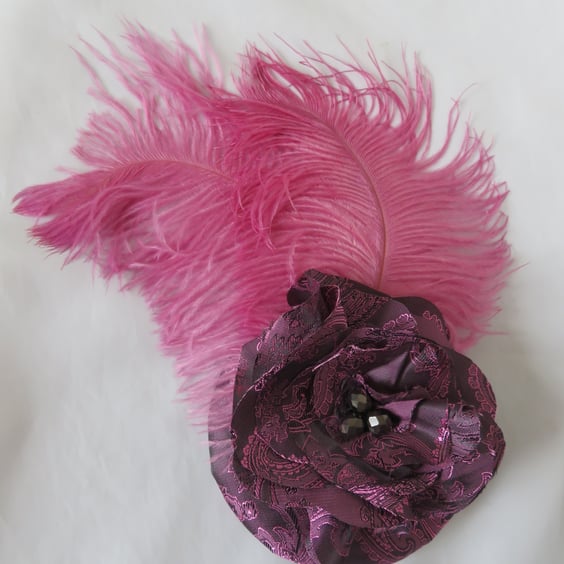 Lavender Pink & Dark Grey Paisley Satin Feather Regency Fascinator Hat