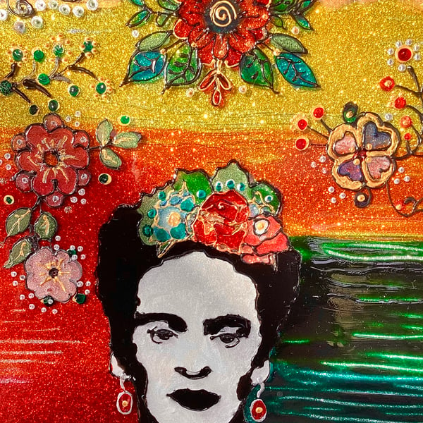 Original painting frida khalo gold red green monochrome abstract art