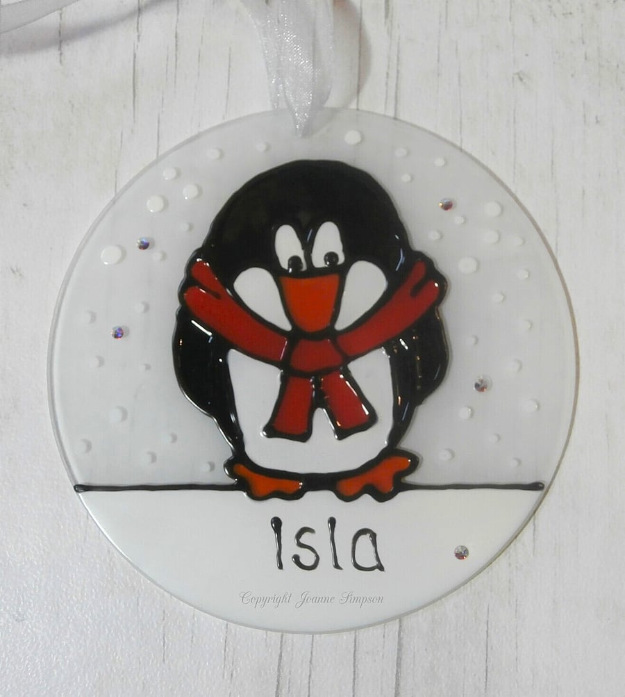 Penguin Christmas Decoration, glass tree ornament, hand painted, sun catcher.