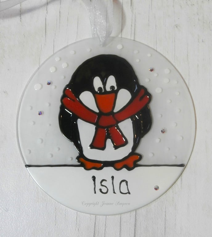 Penguin Christmas Decoration, glass tree ornament, hand painted, sun catcher.