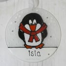 Penguin Christmas Decoration, glass tree ornament, hand painted, sun catcher.