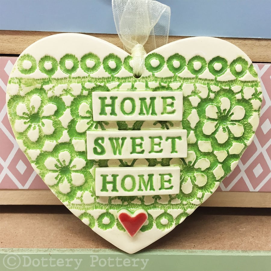 Ceramic heart hanging decoration Pottery Heart  Home Sweet Home Flower pattern