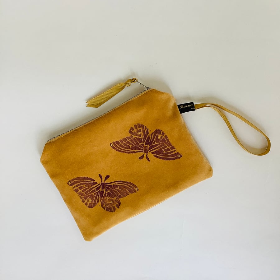 Yellow Butterfly velvet zip-up pouch