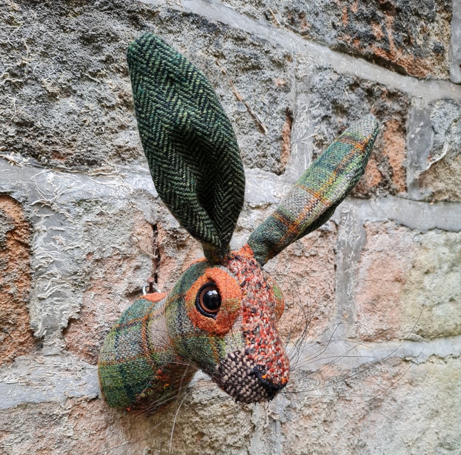 Faux hare head wall mount in green and orange wool tartan- Mr Harry