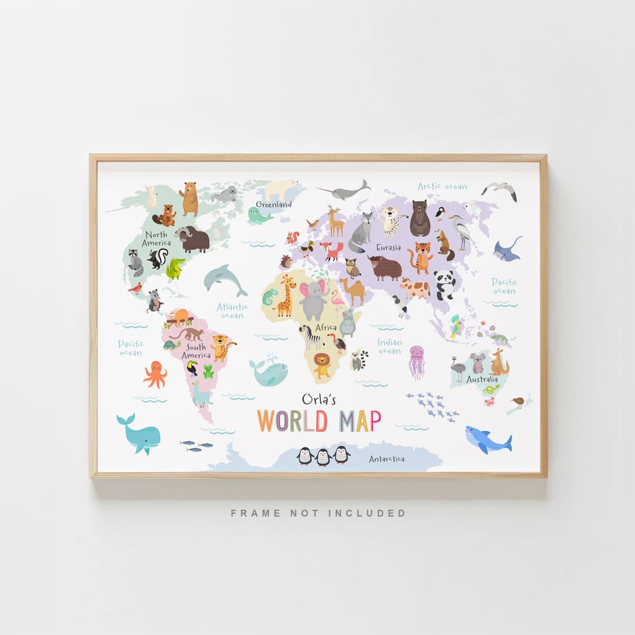 Personalised Animal World Map Print – Custom Children's Nursery Wall Art