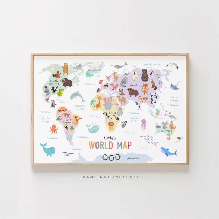 Personalised Animal World Map Print – Custom Children's Nursery Wall Art