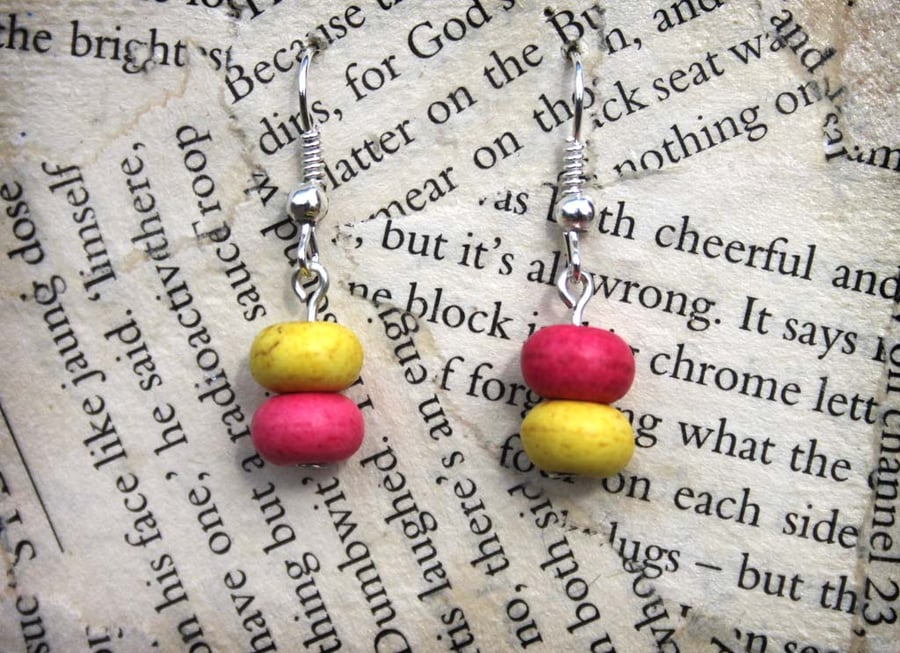 Asymmetric Pink and Yellow Bead Dangle Hook Earrings 
