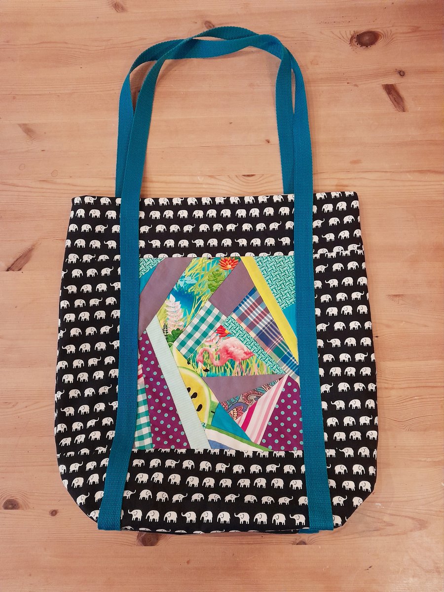 Funky Flamingo bright patchwork tote shopping bag