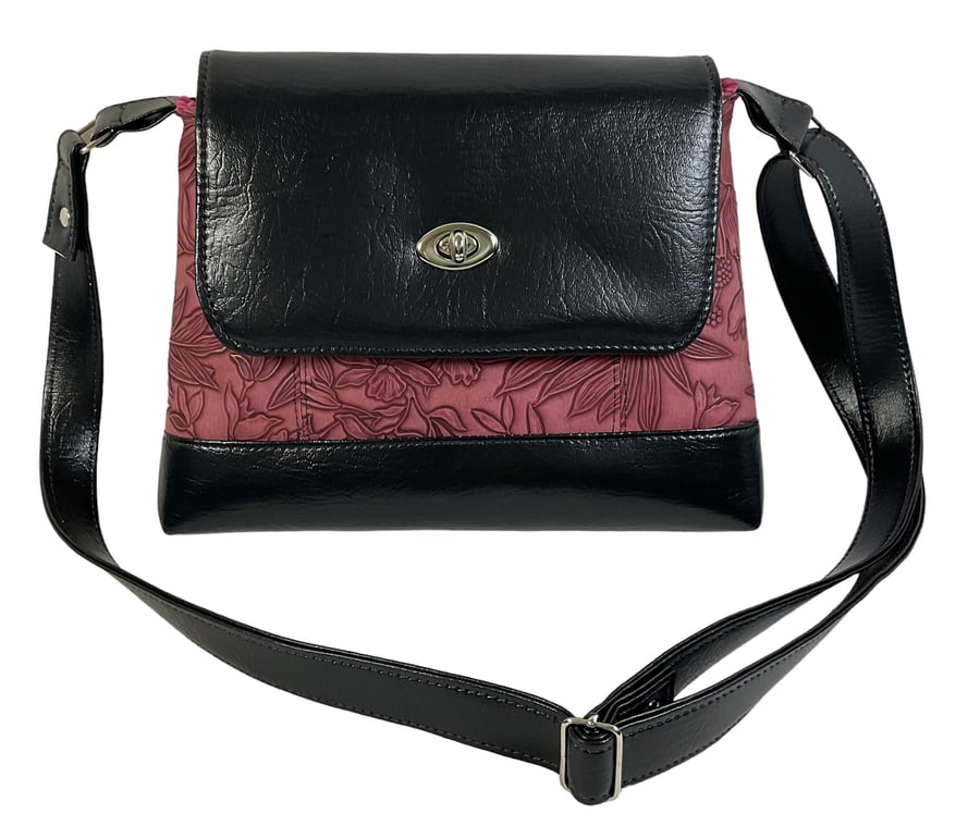 Handbag in floral faux leather, vegan ladies gift, vinyl red and black crossbody