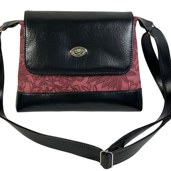 Handbag in floral faux leather, vegan ladies gift, vinyl red and black crossbody