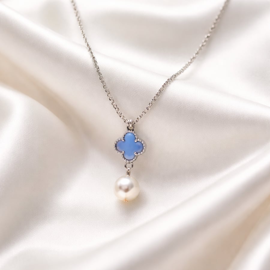 Four leaf Clover and Pearl Pendant Necklace - White Gold Plated 