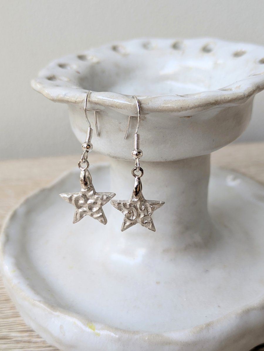 Handmade Fine Silver Textured Star Drop Earrings